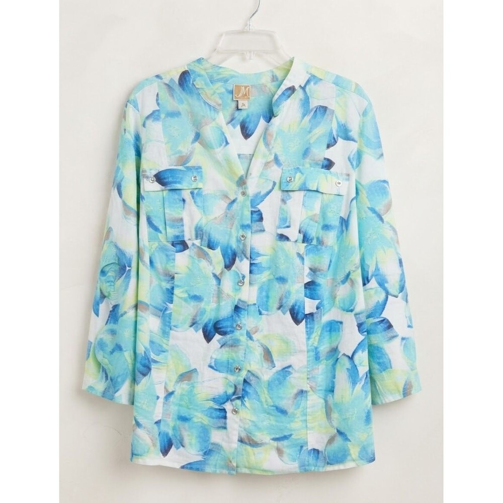 JM Collection blue and yellow floral button-front linen top dual chest pock 20W